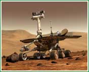 Simulaci�n por computadora para una pel�cula producida en la Universidad de Cornell que muestra al rover utilizando su brazo mec�nico para estudiar una roca. Esta imagen es una representaci�n fiel del dise�o final del robot