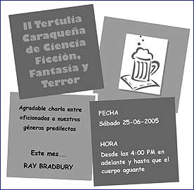 Atractiva convocatoria a la segunda tertulia de Ciencia Ficci�n, Fantas�a y Terror. Dise�o por Susana Sussmann