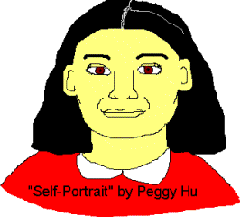 drawing, labeled self-portrait, of Asian woman with red blouse