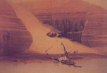 Magnifico grabado de David Roberts en el que aparece cubierto de arena el templo de Ramses II en Abu Simbel