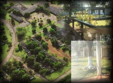 As �rvores, plantadas na fase de implanta��o do n�cleo urbano, 40 anos depois, apresentam-se desenvolvidas, Casas de Hospedes com passagens cobertas e recep��o e Vista do p�tio ajardinado, na Casa Central de H�spedes
