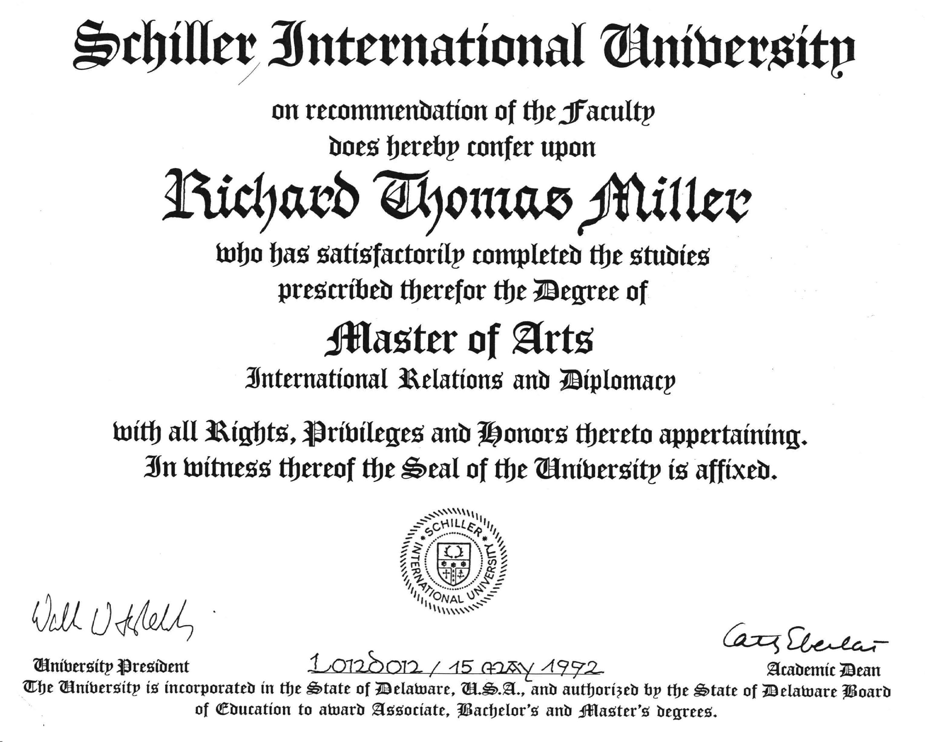 Master of Arts Degree from Schiller International University