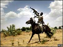 Janjaweed fighter on horseback in Darfur region, 25 April