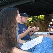 Colleagues studying by the pool