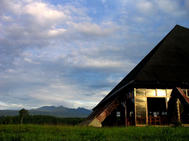 church at dawn with Mt. Kitanlad in the background, home of the Talaandig tribe