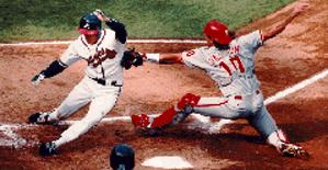 Darren Daulton tags out the Atlanta runner in the 1993 NLCS