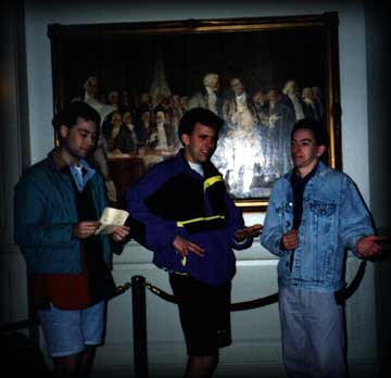 Playing the egghead with Tom and Mike in a re-enactment at the Hall of Presidents