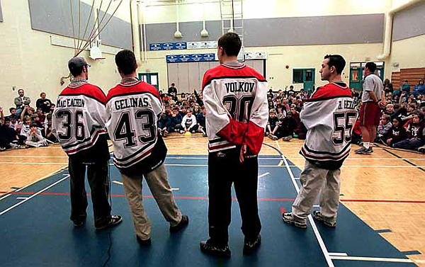 guys answer questions at a school