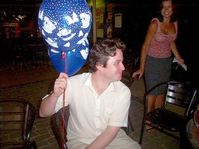 James Marshall grabs the nearest balloon to celebrate his election to the executive for the first time