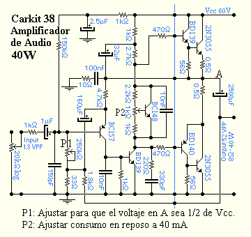 40 W Audio Power Amp Diagram, schematic, esquema amplificador de audio 40W.