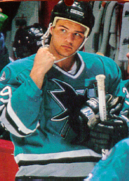 Jeff Friesen in teal Sharks Jersey