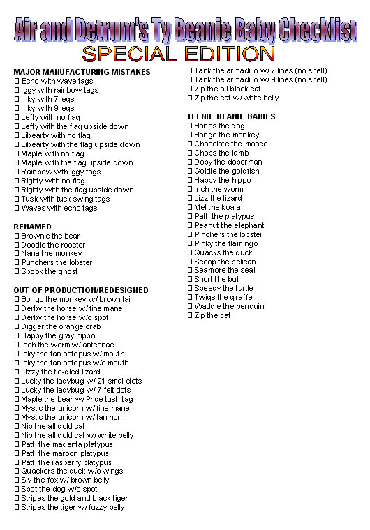 Printable ty beanie babies checklist