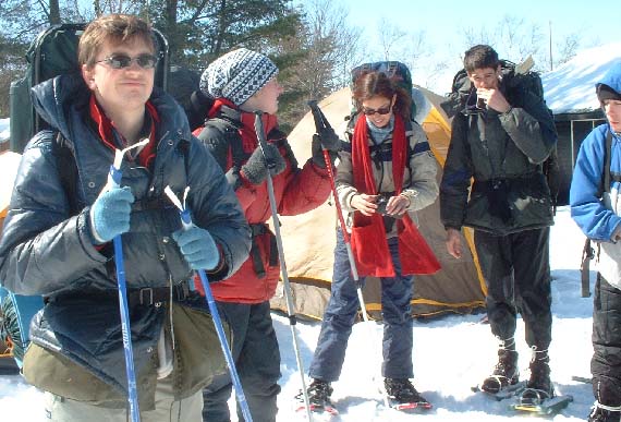 Fraser, Robyn, Selena, Iain, and Brandan don homemade snowshoes - but a poor design.