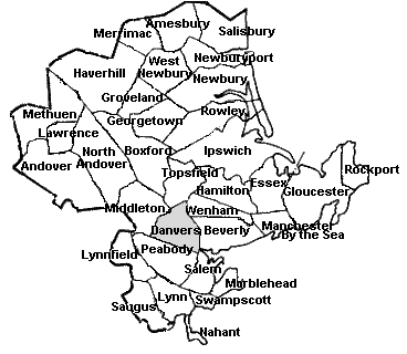 Map of Danvers' location in Essex County clickable with links to all other Essex County cities and towns[10 kb]