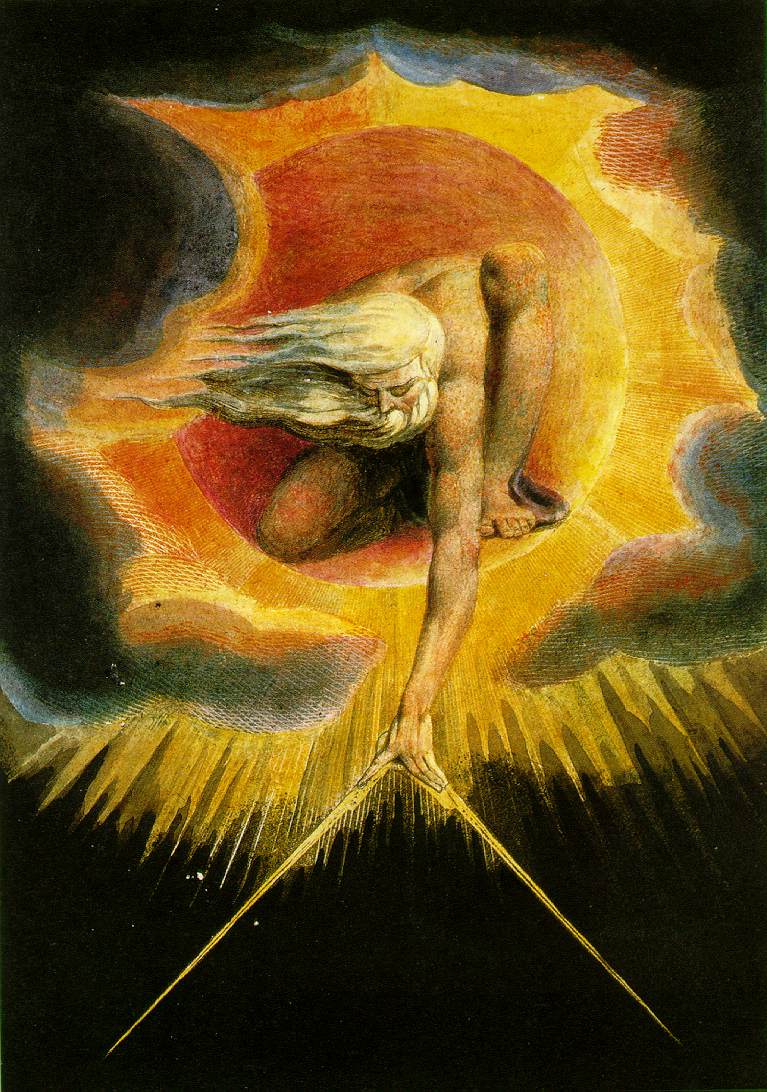 Blake's painting depicts God crouching in a ball of fiery light, His hair and whiskers streaming to the left as though blown by the wind. He is reaching down and has spread His fingers from which lines of light extend as a compass.