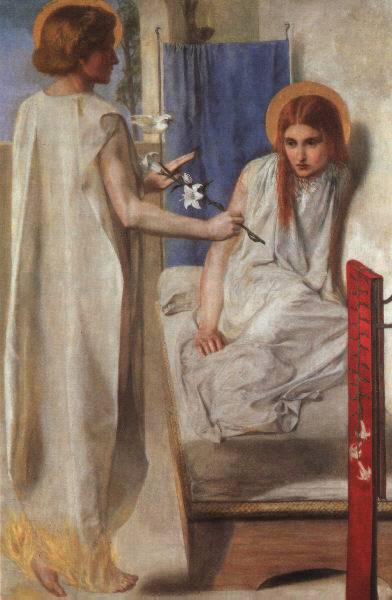 Rossetti has flames on the feet of the angel as he gestures reassuringly to Mary who has recoiled in fright on her cot.