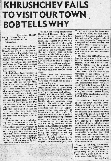Article about Khrushchev visit, couldn't come into town - Roswell Garst