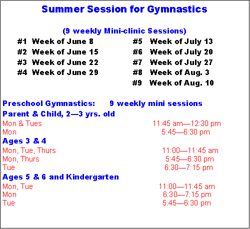 Text Box: Summer Session for Gymnastics(9 weekly Mini-clinic Sessions)      #1  Week of June 8                #5   Week of July 13      #2  Week of June 15              #6   Week of July 20      #3  Week of June 22              #7   Week of July 27      #4  Week of June 29              #8   Week of Aug. 3					    #9   Week of Aug. 10     Preschool Gymnastics:      9 weekly mini sessionsParent & Child, 2�3 yrs. oldMon & Tues					   11:45 am�12:30 pmMon		       	                                           5:45�6:30 pmAges 3 & 4Mon, Tue, Thurs                                                    11:00�11:45 amMon, Thurs                                                              5:45�6:30 pmTue						         6:30�7:15 pmAges 5 & 6 and KindergartenMon, Tue                                             	      11:00�11:45 amMon                                                                        6:30�7:15 pmTue						        5:45�6:30 pm 