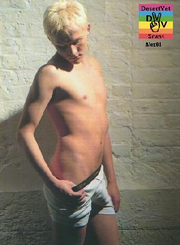 Blonde boy in just white underware.