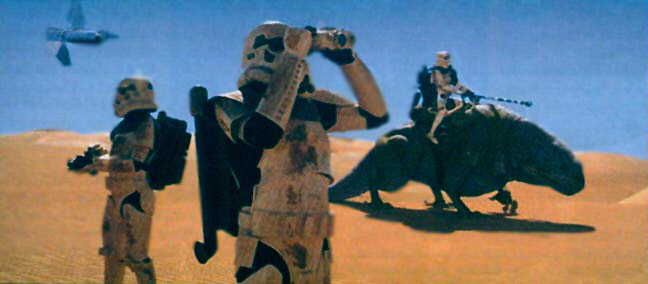 Stormtrooper riding a Dewback with the drop ship in the background