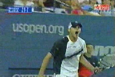 Roddick screams a sigh of relief after converting on match point.