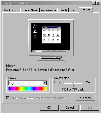 Screen of Display in Windows 95/98