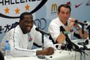 GUANGZHOU, CHINA - AUGUST 7: Head Coach Mike Krzyzewski of the USA Senior
						Men's National Basketball Team with Elton Brand talk to the media after their
						game against the China Men's National Team on August 7, 2006 at the Guangzhou
						Gymnasium in Guangzhou, China. Copyright 2006 NBAE (Photo by Andrew D.
						Bernstein/NBAE via Getty Images)