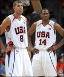 Shane Battier and Elton Brand look on during a
					time-out against the Brazil Men's National Basketball Team. (Photo by Andrew D.
					Bernstein - NBAE via Getty Images)