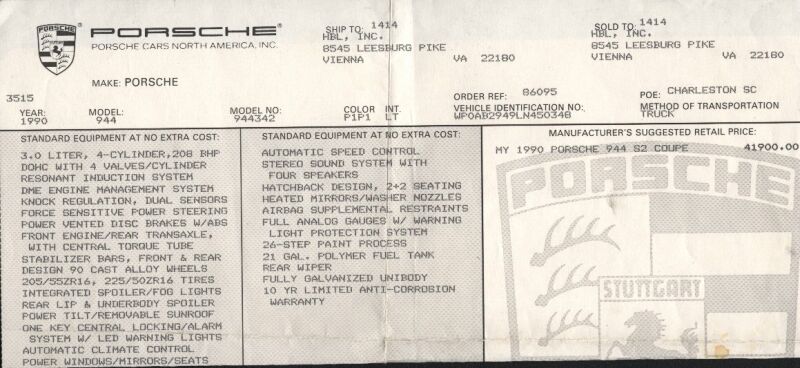 1990 944 S2 Original Window Sticker - Top