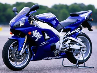 A blue R1 on an axle stand