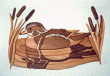 WOOD DUCK WITH CATTAILS.