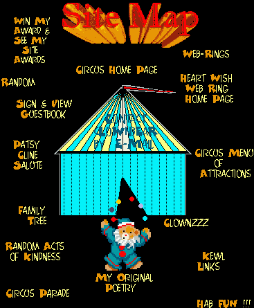  Explore cLoWnbEaR's Circus to discover Clowzzz, My Family Tree, My Original Poetry, Patsy Cline Salute, Random Acts of Kindness, View my Site Awards and WIN my FUN Site Award of tha Award ova Excellence, Please consider joining the Heart Wish Web Ring, an' check out some KEWL Links if Ya git a chance!!!