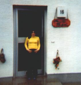 Susan at our front door...16 Blumen Strasse...Rhaunen