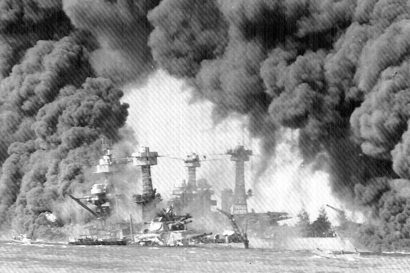 USS West Virginia and USS Tennesse burning after the attack