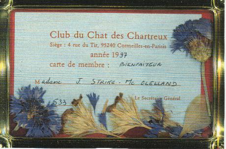 Club du Chats Chartreux certificate