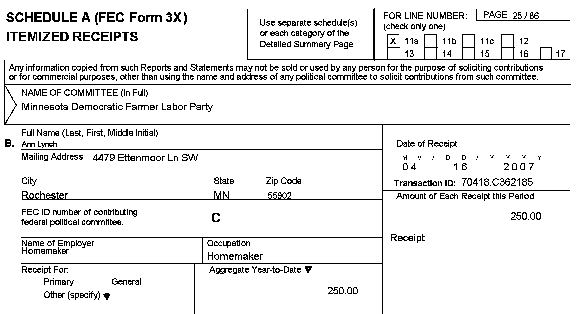 Lynch's "occupation" on an abbreviated page of the DFL's report via newsmeat.com