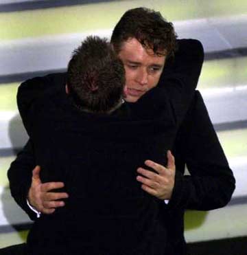 Huge hugs from co-star, Joaquin Phoenix