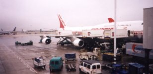 The plane as seen from the long queue at Gate 28