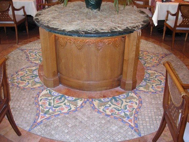 Close-up view of the hand-painted ceramic floor tile in the Fine Dining Restaurant at Le Meridien Hotel, Bali.