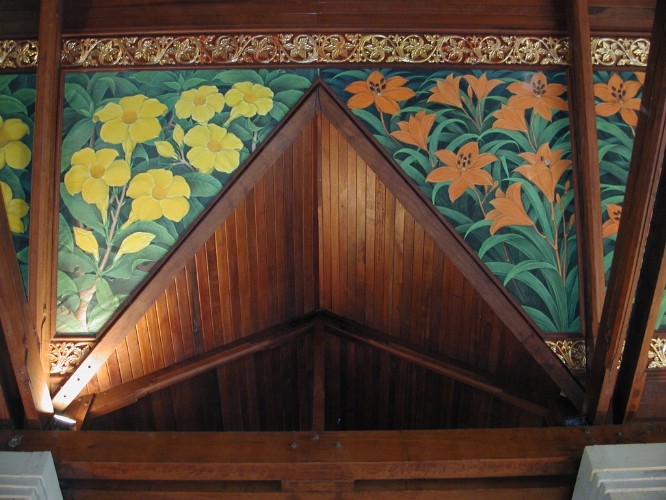View of the ornately painted ceiling in the Entrance Lobby of the Golf Clubhouse at Bali Nirwana Resort.