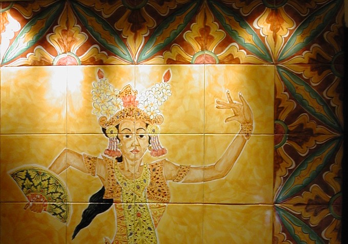 Enlarged detail of the hand painted ceramic tile mural of a balinese female dancer