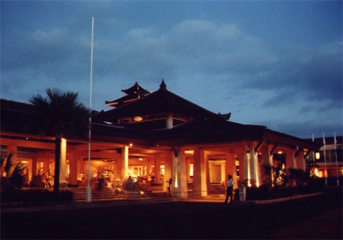 Night view of new porte cochere at Nusa Dua Beach Hotel Upgrade, Bali