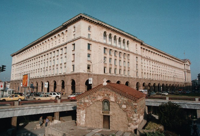 View of the exterior of the Tzum Building with the 14 centuary St Petra Semerdjuska Church in the foreground