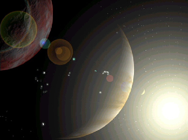 An artist's concept of a Jupiter-sized extrasolar planet seen orbiting its parent star within the habitable (life) zone from close up.