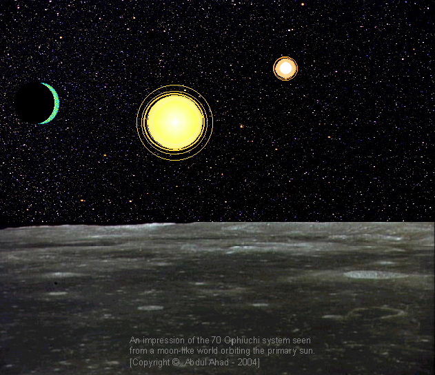 An impression of the 70 Ophiuchi system seen from a hypothetical moon-like world orbiting about the primary sun. 
[Copyright   Abdul Ahad - 2004]