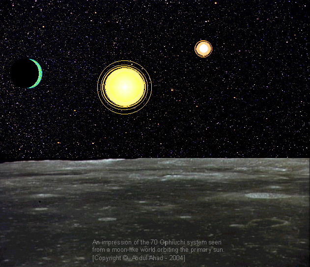 An impression of the 70 Ophiuchi system seen from a hypothetical moon-like world orbiting about the primary sun. 
[Copyright �  Abdul Ahad - 2004]