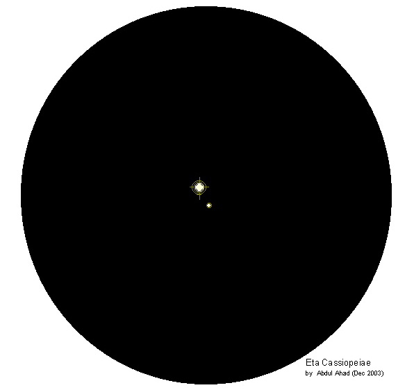The nearby binary Eta Cassiopeiae. Primary is Sun-like and yellow; the secondary appears reddish in larger telescopes. [AA Institute]