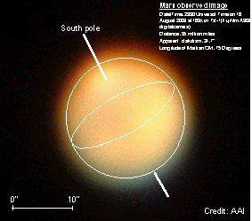 Mars true colour image at 169x magnification on my Tal-1 2330 UT on 16 Aug 2003
