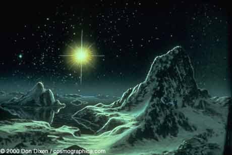 Artist's impression of the distant Sun seen from Pluto [Credit: Don Dixon]