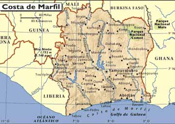 Mapa de Costa de Marfil, Datos, Geografia, Historia, Arte, Literatura, Campeones de Liga de Futbol, Escudos y Equipaciones de los equipos